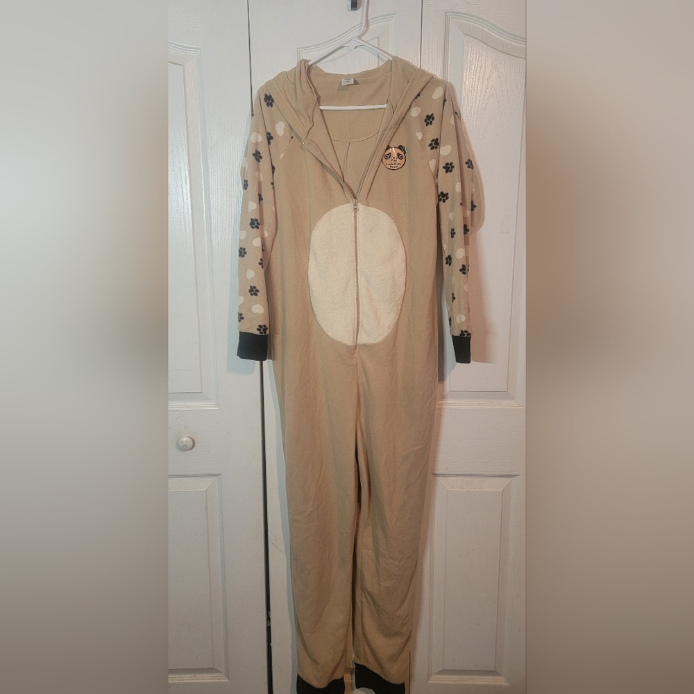 Beige Pug Onesie with Black Paw Prints